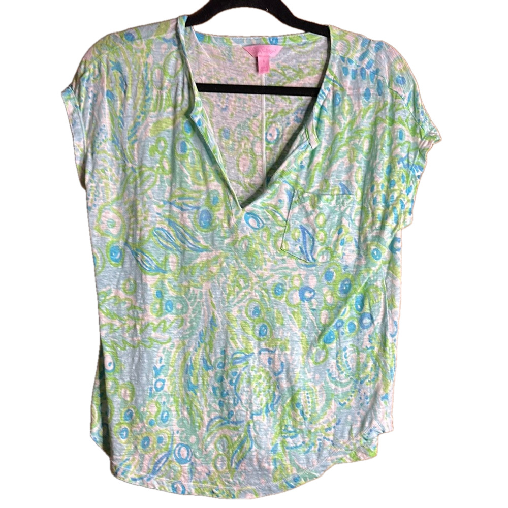 Lilly Pulitzer Duval V Notch Linen Top Any Fins Possible Blue White Size S - EUC